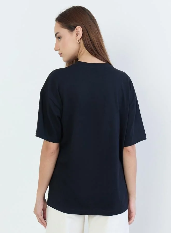 Styli Black Beaded Slogan Oversized T-Shirt